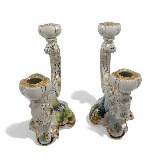 ALCOBACA Twin Arm Candle Holders PORTUGAL Set Country Scene Vintage 7.5" - Picture 3 of 11